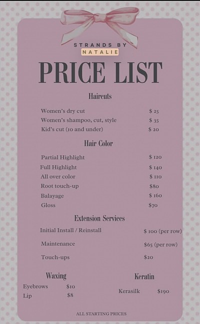 Price List- please  text 336-830-4412 for an appointment